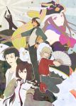  4boys animal_hat arm_cannon barnaby_brooks_jr cobra cobra_(film) crossover fan folding_fan hat kaburagi_t_kotetsu kera_(yukekin) labcoat makise_kurisu mawaru_penguindrum multiple_boys multiple_girls oginome_ringo okabe_rintarou princess_of_the_crystal season_connection steins;gate takakura_himari tiger_&amp;_bunny weapon 