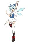  adapted_costume blue_eyes blue_hair boots bow cirno hair_bow hairband kinakomoti microskirt short_hair simple_background solo standing_on_one_leg thigh-highs thighhighs touhou white_legwear wings wrist_ribbon zettai_ryouiki 