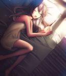  barefoot breasts brown_hair closed_eyes fetal_position floor from_above futon long_hair nightgown open_mouth original pillow shadow sleeping sukaikun sunlight 