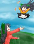  ^_^ age_difference arms_up azumax black_hair bloomers blue_sky closed_eyes eyes_closed happy kokuu_haruto long_hair mother_and_daughter multiple_girls open_mouth original reiuji_utsuho skirt sky smile sweater touhou 