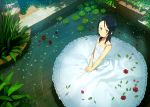  bangs bare_shoulders black_hair dress flat_chest flower from_above garden grey_eyes hands_on_lap highres leaf lily_pad long_hair looking_up original parted_bangs petals plant pond ripples rose scenery sitting solo water white_dress yoshida_seiji 
