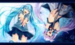  aqua_eyes aqua_hair blue_eyes fingernails hagane_miku hatsune_miku long_hair microphone microphone_stand momopanda multiple_girls open_mouth silver_hair singing skirt twintails very_long_hair vocaloid 