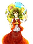 flower green_hair highres kazami_yuuka red_eyes short_hair skirt skirt_set smile solo sunflower tengu_style touhou youkai 