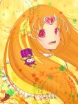  1girl bow circlet cure_muse cure_muse_(yellow) fairy_tone frills hair_ribbon heart highres kapi0711 long_hair looking_back magical_girl musical_note orange_hair precure red_eyes ribbon shirabe_ako smile suite_precure treble_clef yellow_background 