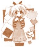  commentary copyright_request engrish graphite_(medium) kareya mixed_media monochrome no_nose overalls ranguage shirt short_hair signature smile solo striped striped_shirt thigh-highs thighhighs traditional_media zettai_ryouiki 