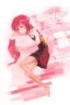  bare_shoulders barefoot cat chemise darker_than_black dress flat_chest green_eyes havoc lying on_side pink pink_background red_hair redhead short_hair skirt smile solo 