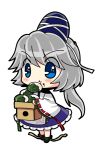  :t blue_eyes blush box chibi eating food food_on_face grey_hair hair_bun hat hat_ribbon holding japanese_clothes kariginu long_hair mononobe_no_futo ponytail ribbon shirt shoes silver_hair simple_background skirt socha solo tate_eboshi touhou white_background wide_sleeves 