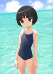  anda_(pennyroyal_tea) black_eyes black_hair dutch_angle flatcheez ocean one-piece_swimsuit onodera_sayaka school_swimsuit solo standing swimsuit 