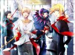  3boys ahoge black_hair blonde_hair book caster_(fate/zero) casual dual_wielding earrings fate/stay_night fate/zero fate_(series) formal futaba_hazuki gae_buidhe gae_dearg gilgamesh green_eyes highres jewelry lancer_(fate/zero) mole multiple_boys necktie pant_suit polearm ponytail red_eyes robe saber short_hair smile spear suit weapon yellow_eyes 