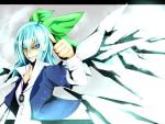  blue_eyes blue_hair bow cirno hair_bow ice ice_wings jewelry long_hair necklace potato_pot smile solo thumbs_up touhou wings 