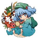  backpack bag blue_dress blue_eyes blue_hair boots cattail dress fish fujino_ichi hair_bobbles hair_ornament hammer hat kawashiro_nitori melodybullet no_nose plant randoseru screwdriver short_hair short_twintails sitting smile solo tools touhou twintails two_side_up wrench 