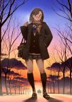  bag brown_eyes brown_hair cloud coat highres kneehighs loafers naav original plaid scarf school_uniform shoes short_hair silhouette skirt sunset tree 