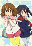  black_hair brown_eyes brown_hair food grey_legwear hirasawa_yui hoshino_madoka ice_cream k-on! licking long_hair multiple_girls nakano_azusa pantyhose scarf short_hair shorts twintails yellow_legwear 