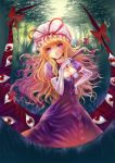  blonde_hair bow breasts cleavage creepy dress elbow_gloves eyes fan fatherland2009 forest gloves hair_bow hat long_hair nature pink_eyes smile solo touhou yakumo_yukari 