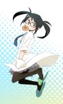 black_hair character_request doughnut food glasses hands_in_pockets jumping labcoat mouth_hold necktie pantyhose pop&#039;n_music pop'n_music root@chou_dou-ken short_hair sleeves_rolled_up slippers tobi_(daidaikukan) twintails 