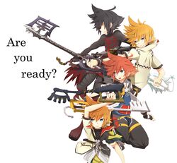  black_hair blonde_hair blue_eyes brown_hair english fingerless_gloves gloves jewelry keyblade kingdom_hearts kingdom_hearts_birth_by_sleep male multiple_boys necklace roxas sora_(kingdom_hearts) spoilers supurouto vanitas ventus wristband yellow_eyes 