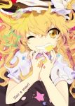  bad_id biting blonde_hair braid bust english face grin hands hat highres kirisame_marisa mouth_hold side_braid smile solo star touhou wink witch witch_hat yellow_eyes yo_yuma 