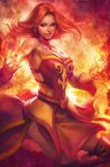  bare_shoulders bracelet breasts cleavage detached_sleeves dota_2 earrings facial_mark fire highres jewelry lina_(dota_2) lina_inverse_(dota_2) magic red_hair redhead signature solo stanley_lau thigh-highs thighhighs 