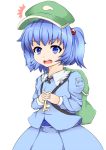  backpack bag blue_eyes blue_hair blush hair_bobbles hair_ornament hat kawashiro_nitori key kyuushiki skirt solo touhou twintails 