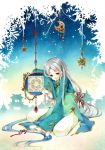  bow crescent_moon cyclamate east_asian_architecture gem hair_bow hair_ornament horizon kirishima_ten light_smile long_hair long_sleeves looking_at_viewer moon multicolored_hair original red_eyes silhouette silver_hair sitting sky sleeves_past_wrists smile solo star star_(sky) starry_sky very_long_hair wariza 