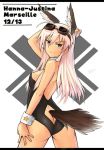  animal_ears bad_id bare_back bare_legs bare_shoulders blue_eyes blush breasts bunnysuit butt_crack detached_collar goggles hanna-justina_marseille head_wings leotard long_hair looking_at_viewer looking_back pink_hair seen smile solo strike_witches tail ulrich_(tagaragakuin) wrist_cuffs 
