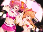  2girls animal_ears belt blonde_hair bow cat_ears collarbone fang green_eyes heart idolmaster idolmaster_cinderella_girls jougasaki_mika jougasaki_rika long_hair mound_of_venus multiple_girls navel open_mouth pink_hair short_hair siblings sisters sleeveless twintails wink yuuji_(yukimimi) 