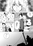  1girl ahoge azuazuazu19 bag black_hair casual comic fate/stay_night fate/zero fate_(series) lancer_(fate/zero) mole monochrome saber scarf translated translation_request 