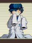  blue_hair blush dark_persona hat labcoat necktie oversized_clothes pen persona persona_4 scanlines shadow_(persona) shirogane_naoto short_hair sleeves_past_wrists solo t0kiwa yellow_eyes young 