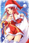  1girl absurdres bag blush body_blush breasts character_request christmas cleavage copyright_request elbow_gloves fang garter_straps gloves hat highres ko~cha legs open_mouth red_eyes red_hair redhead santa_costume santa_hair santa_hat snow solo thighhighs thighs white_legwear 