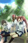  2boys bad_id bandana brown_hair closed_eyes eyes_closed kawakami_kazuko kazama_shoichi long_hair maji_de_watashi_ni_koi_shinasai! multiple_boys nannnann naoe_yamato open_mouth ponytail school_uniform shorts skirt wink 