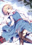  alice_margatroid black_legwear blonde_hair blood blue_eyes book dress hairband injury jumper ke-ta lying on_back pantyhose sash scarf short_hair snow snowing solo torn_clothes torn_pantyhose touhou 