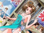  apron beach bikini brown_eyes brown_hair dutch_angle jpeg_artifacts kokura_masashi kooribata kudanshita_maeka long_hair multiple_boys multiple_girls open_mouth ponytail shorts smile swimsuit tokimeki_memorial tokimeki_memorial_2 tray 