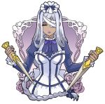  bandage_over_one_eye breasts dark_skin dual_wielding hannah_annafellow headband kuroshitsuji long_hair maid maid_headdress purple_eyes shou_j silver_hair solo sword violet_eyes weapon white_hair 