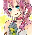  bad_id bare_shoulders blue_eyes blush close-up earrings final_fantasy final_fantasy_xiii final_fantasy_xiii-2 gloves jewelry necklace open_mouth pink_hair serah_farron side_ponytail smile solo uver32 