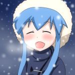  :d blue_eyes blue_hair breath bust closed_eyes coat hat ikamusume karuta_(karuta01) long_hair open_mouth payot shinryaku!_ikamusume smile snow solo 