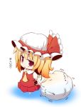  bag beni_shake blonde_hair commentary crimson_shake flandre_scarlet hat hat_ribbon moving necktie red_eyes ribbon sack short_hair simple_background skirt skirt_set solo the_embodiment_of_scarlet_devil touhou translated translation_request wings 