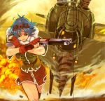  blue_hair brown_eyes crosshair eiyuu_densetsu explosive falcom fingerless_gloves gloves goggles goggles_on_head grenade gun helicopter hino_kunugi josette_capua mouth_hold pistol running shirt short_hair skirt solo sora_no_kiseki tomboy trigger_discipline weapon yellow_background 