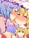  ascot blonde_hair blue_hair blush bust button_eyes buttons character_doll cheek_kiss close-up closed_eyes eyes_closed fang flandre_scarlet hat hat_ribbon heart kiss multiple_girls okachi pointy_ears remilia_scarlet ribbon short_hair siblings side_ponytail sisters smile touhou wrist_cuffs yuri 