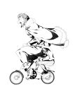  absurdres ahiruaoba beard bicycle bicycle_riding facial_hair fate/stay_night fate/zero fate_(series) highres hug male monochrome multiple_boys open_mouth rider_(fate/zero) riding short_hair smile waver_velvet 