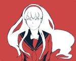  amagi_yukiko bad_id bust color hairband light_smile long_hair looking_at_viewer monochrome persona persona_4 red red_background school_uniform simple_background sketch smile solo wind 