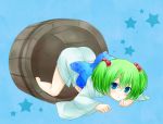  :o barefoot blue_eyes blush bow bucket green_hair hair_bobbles hair_ornament hands kisume large_bow looking_at_viewer short_hair simple_background solo star top-down_bottom-up touhou twintails yuukiarisu 