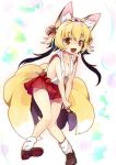  animal_ears bare_legs bell bow breasts brown_eyes collarbone fox_ears fox_tail hair_ornament hakiata leaning_forward multiple_tails no_bra open_mouth original short_hair skirt sleeveless sleeveless_shirt solo tail v_arms 