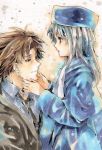  1girl age_difference brown_hair coat emiya_kiritsugu facial_hair fate/stay_night fate/zero fate_(series) father_and_daughter hat illyasviel_von_einzbern karekusa_tugumi long_hair red_eyes scarf silver_hair stubble traditional_media watercolor_(medium) 