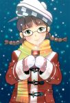  akizuki_ritsuko bad_id blush canned_coffee drinking glasses hat idolmaster masao mittens scarf snow solo steam twintails 