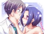  1girl ahoge bare_shoulders black_hair blue_hair blush couple eye_contact glasses hands_on_another's_cheeks hands_on_another's_face idolmaster looking_at_another miura_azusa natsu_(anta_tte_hitoha) necktie producer_(idolmaster) purple_eyes short_hair smile translated violet_eyes 