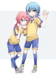  :&lt; androgynous annoyed arm_around_neck blue_hair blush green_eyes highres inazuma_eleven_(series) inazuma_eleven_go kariya_masaki kirino_ranmaru looking_at_viewer male multiple_boys pink_hair smile soccer_uniform twintails waving yellow_eyes yuukiarisu 