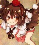  :q black_hair black_wings breasts brown brown_background brown_eyes brown_hair dress_shirt frills hat kurodeko necktie pointing ribbon shameimaru_aya shirt short_hair skirt smile solo tokin_hat tongue touhou wings 