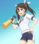  1girl :d blue_background brown_eyes brown_hair caryo gradient gradient_background gym_uniform hair_between_eyes hair_ribbon hand_on_hip kantai_collection long_hair looking_at_viewer megaphone name_tag nanashino open_mouth ribbon shorts smile solo tone_(kantai_collection) twintails 