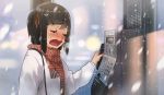  amami_haruka bag black_hair blush closed_eyes cold ddal hair_ornament hairclip idolmaster long_sleeves open_mouth original payphone phone phone_booth purse sad scarf short_hair side_ponytail snow snowing solo striped striped_scarf sweater tears wavy_mouth winter winter_clothes 
