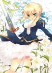  :o ahoge blush bow dress excalibur fate/stay_night fate_(series) flower hair_bow ichiyou_moka petals saber solo sword weapon 